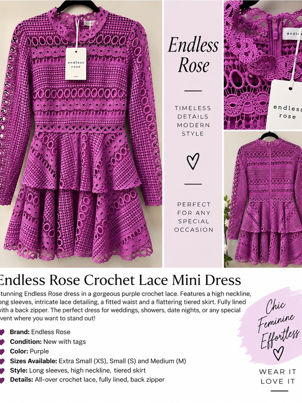 Endless Rose Magenta Crochet Lace Tiered Mini Dress